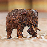 Teak wood statuette, 'Walk of Life' - Artisan Crafted Teak Wood Elephant Statuette