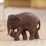 Teak wood statuette, 'Walk of Life' - Artisan Crafted Teak Wood Elephant Statuette