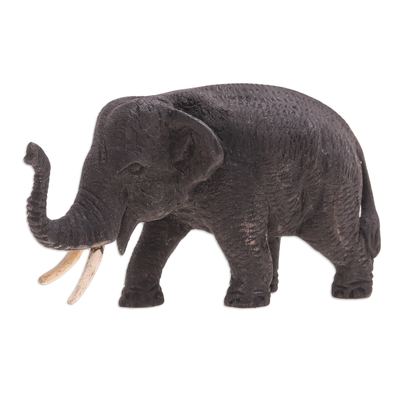 Teak wood statuette, 'Night Walk' - Hand-Painted Teak Wood Elephant Statuette