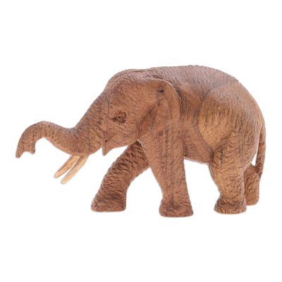 Teak wood statuette, 'Walk About' - Teak Wood Elephant Statuette with Ivory Wood Tusks