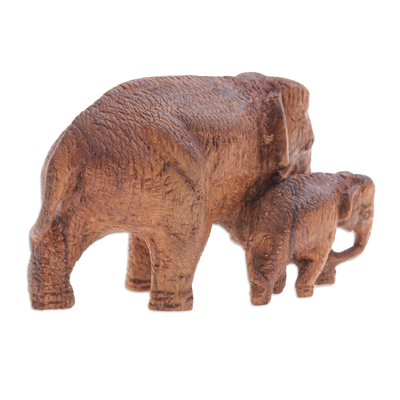 Statuette aus Teakholz - Elefantenstatuette aus thailändischem Teakholz mit Stoßzähnen aus Elfenbeinholz