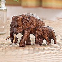 Teak wood statuette, 'Mom and Me' - Handcrafted Teak Wood Elephant Statuette from Thailand