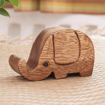 Wood phone holder, 'Helpful Elephant' - Hand-Carved Wood Phone Holder