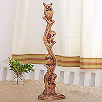 Wood statuette, 'Family Flock' - Hand Carved Raintree Wood Owl Statuette