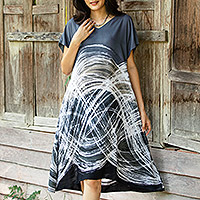 Hand-painted batik cotton a-line dress, 'Chiang Mai Breeze'