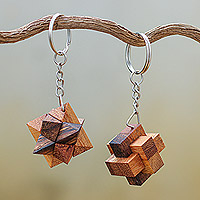 Wood keychains, 'Star and Burr' (pair)