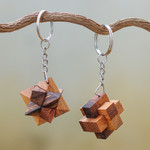 Wood keychains, 'Star and Burr' (pair) - Tiny Wood Puzzle Keychains (Pair)