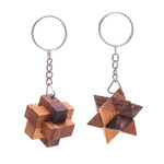 Wood keychains, 'Star and Burr' (pair) - Tiny Wood Puzzle Keychains (Pair)