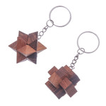 Wood keychains, 'Star and Burr' (pair) - Tiny Wood Puzzle Keychains (Pair)