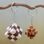 Wood keychains, 'Snake and Falling Star' (pair) - Real Wood Puzzle Keychains (Pair)