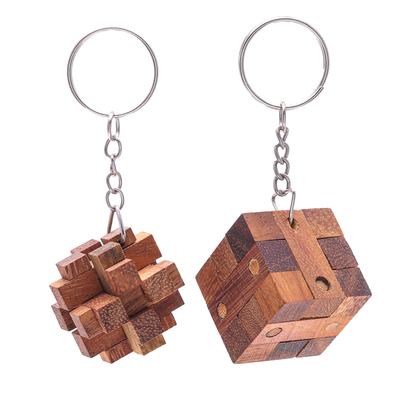 Wood keychains, 'Nails and Squares' (pair) - Wooden Puzzle Keyrings from Thailand (Pair)