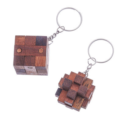 Wood keychains, 'Nails and Squares' (pair) - Wooden Puzzle Keyrings from Thailand (Pair)
