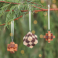 Wood ornaments, 'Creative Christmas' (set of 3)