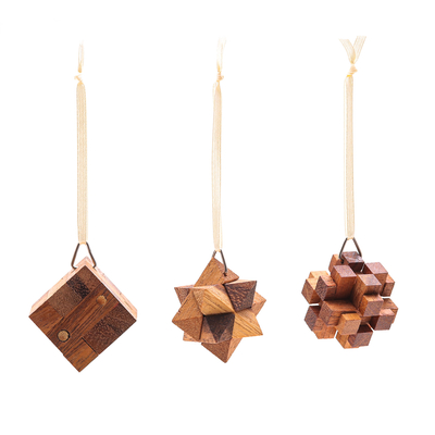 Wood puzzle ornaments, 'Christmas Challenge' (set of 3) - Three Thai Miniature Wood Puzzle Game Ornaments
