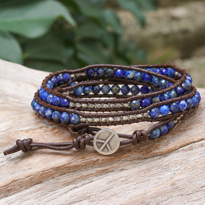 Lapis lazuli beaded wrap bracelet, 'Mae Ping Reflections' - 950 Silver and Lapis Lazuli Wrap Bracelet