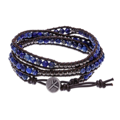 Lapis lazuli beaded wrap bracelet, 'Mae Ping Reflections' - 950 Silver and Lapis Lazuli Wrap Bracelet