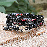 Onyx and garnet beaded wrap bracelet, 'Dark Lanna' - Black Leather Beaded Wrap Bracelet