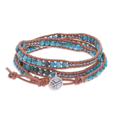 Beaded wrap bracelet, 'Sukhothai Sky' - Silver and Leather Beaded Wrap Bracelet