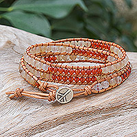Carnelian and quartz beaded wrap bracelet, 'Flame of the Forest' - Handmade Carnelian Wrap Bracelet