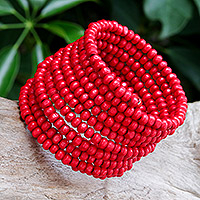 Wood beaded wrap bracelet, 'Crimson Spin' (2.5 In) - Wide Red Beaded Wood Wrap Bracelet with Bells (2.5 In)