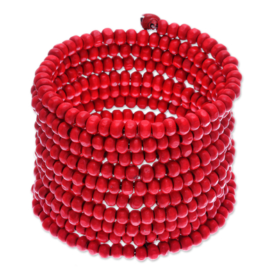 Wide Red Beaded Wood Wrap Bracelet with Bells (2.5 In)