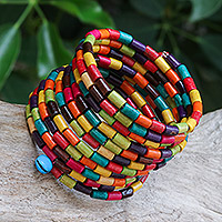 Wood beaded wrap bracelet, 'Confetti Spin' (2 in) - Multicolour Wood Cylinder Beaded Wrap Bracelet with Bells (2