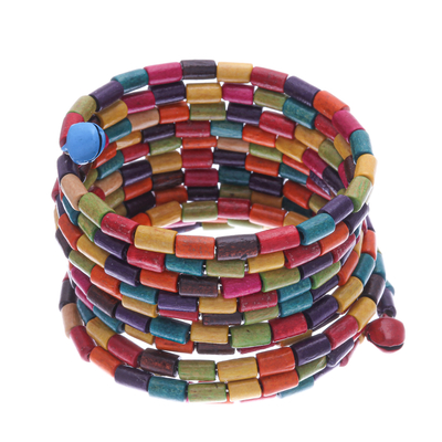 Wood beaded wrap bracelet, 'Confetti Spin' (2 in) - Multicolor Wood Cylinder Beaded Wrap Bracelet with Bells (2