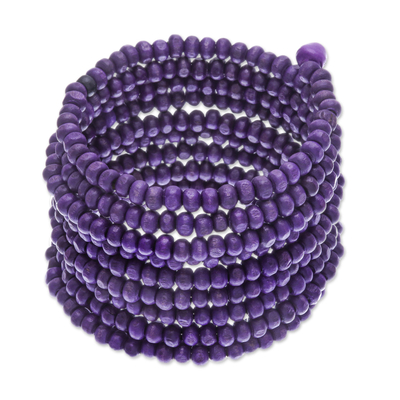 Wickelarmband aus Holzperlen, (2,5 Zoll) - Breites Wickelarmband aus Holz mit violetten Perlen und Glöckchen (2,5 Zoll)