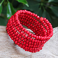 Wood beaded wrap bracelet, 'Crimson Spin' (1 in)
