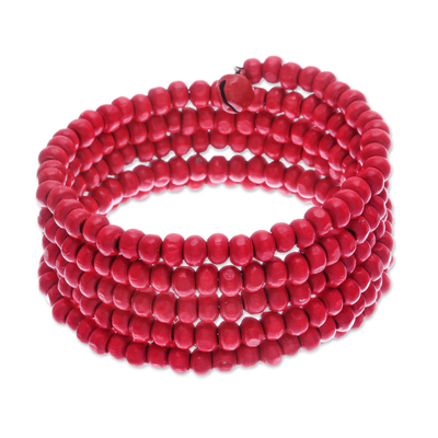 Red Beaded Wood Wrap Bracelet with Bells (1 In)