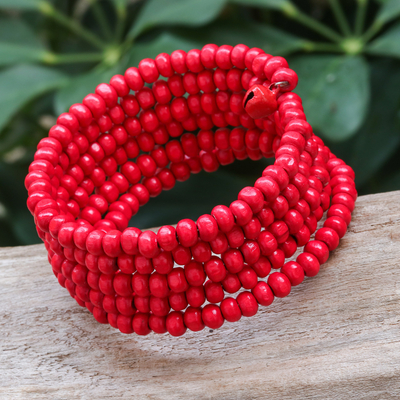 Wood beaded wrap bracelet, 'Crimson Spin' (1 in) - Red Beaded Wood Wrap Bracelet with Bells (1 In)
