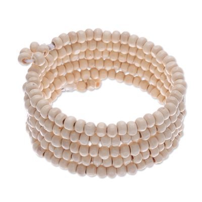 Off White Beaded Wood Wrap Bracelet with Bells (1 In)