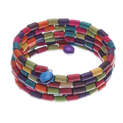 Multicolor Wood Cylinder Beaded Bracelet with Bells (1 In)
