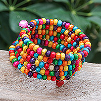 Multicolor Wood Beaded Wrap Bracelet with Bells (1.5 In),'Bubblegum Spin'
