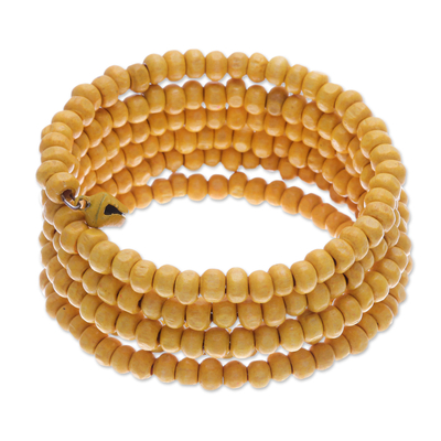 Wood beaded wrap bracelet, 'Sunshine Spin' (1 in) - Yellow Beaded Wood Wrap Bracelet with Bells (1 In)