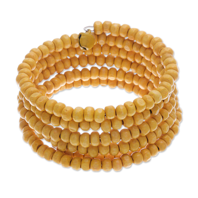 Wood beaded wrap bracelet, 'Sunshine Spin' (1 in) - Yellow Beaded Wood Wrap Bracelet with Bells (1 In)
