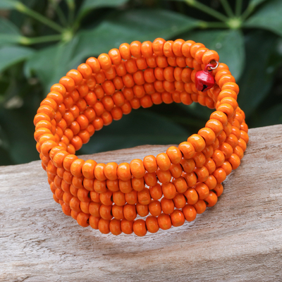 Wickelarmband aus Holzperlen, (1 Zoll) - Wickelarmband aus Holz mit orangefarbenen Perlen und Glöckchen (1 Zoll)