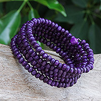 Purple Beaded Wood Wrap Bracelet with Bells (1 In),'Purple Spin'