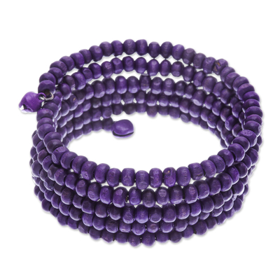 Wood beaded wrap bracelet, 'Purple Spin' (1 in) - Purple Beaded Wood Wrap Bracelet with Bells (1 In)
