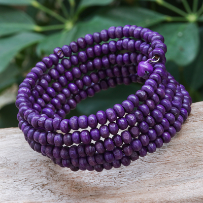 Wood beaded wrap bracelet, 'Purple Spin' (1 in) - Purple Beaded Wood Wrap Bracelet with Bells (1 In)