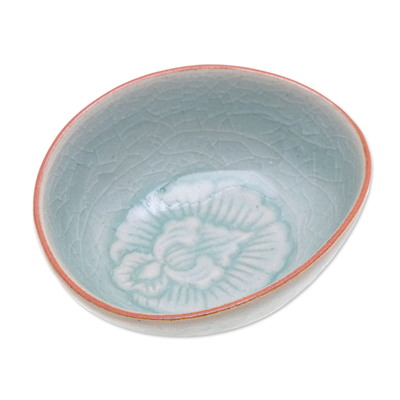 Small celadon ceramic bowl, 'Vintage Flora' - Handcrafted Floral Celadon Bowl
