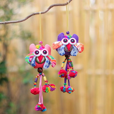 Cotton-blend ornaments, 'Mini Owl in Purple-Pink' (pair) - Hand-Stitched Cotton-Blend Owl Ornaments (Pair)