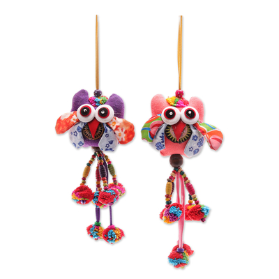 Hand-Stitched Cotton-Blend Owl Ornaments (Pair) - Mini Owl in Purple-Pink