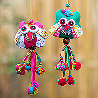 Cotton-blend ornaments, 'Mini Owl in Green-Pink' (pair) - Thai Cotton-Blend Ornaments with Owl Motif (Pair)