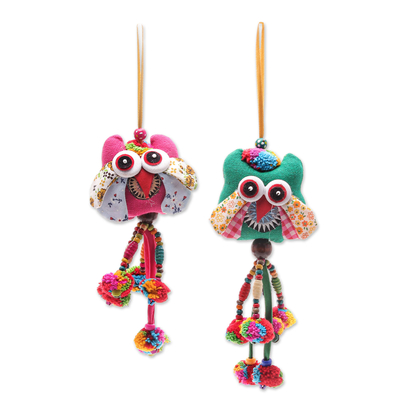 Ornamente aus Baumwollmischung, (Paar) - Thailändische Baumwollmischung-Ornamente mit Eulenmotiv (Paar)