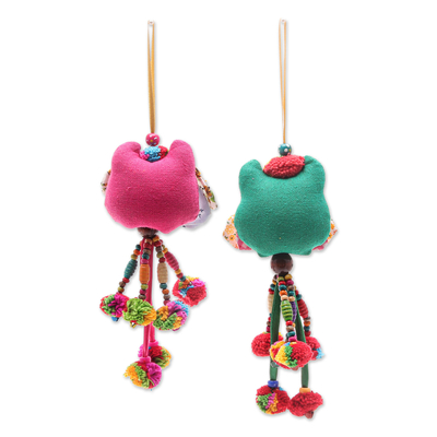 Cotton-blend ornaments, 'Mini Owl in Green-Pink' (pair) - Thai Cotton-Blend Ornaments with Owl Motif (Pair)