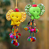 Cotton-blend ornaments, 'Mini Tusk in Yellow-Green' (pair) - Thai Cotton-Blend Ornaments with Elephant Motif (Pair)