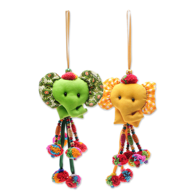 Cotton-blend ornaments, 'Mini Tusk in Yellow-Green' (pair) - Thai Cotton-Blend Ornaments with Elephant Motif (Pair)