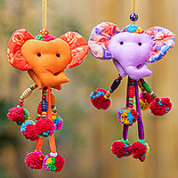 Cotton-blend ornaments, 'Pachyderm Charm' (pair) - Multicolored Elephant Ornaments (Pair)