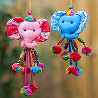 Cotton-blend ornaments, 'Mini Tusk in Pink-Blue' (pair) - Artisan Crafted Cotton-Blend Ornaments (Pair)